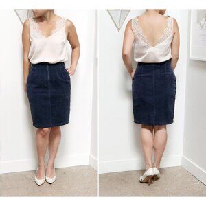 80s Sapphire Corduroy Pencil Skirt, Navy Blue Mini Skirt, High Waisted Minimal